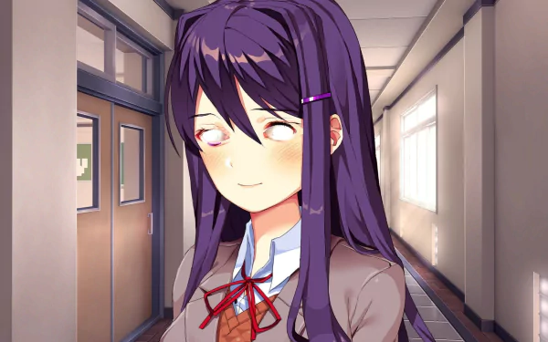 Yuri from Doki Doki Literature Club! — anime-style HD PC desktop wallpaper showing her blushing in a sunlit school hallway, a video game character portrait/background.