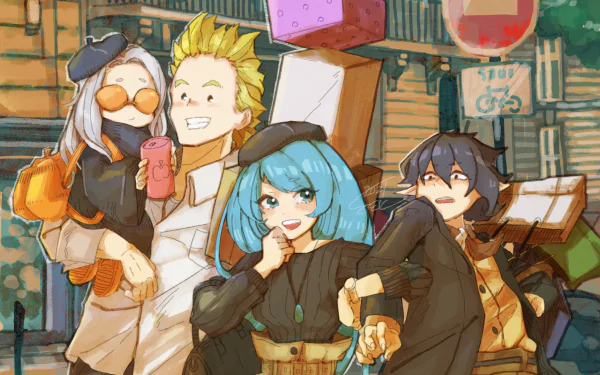 HD PC desktop wallpaper showing My Hero Academia anime characters Eri, Mirio Togata, and Nejire Hado posing together against a colorful city street backdrop.