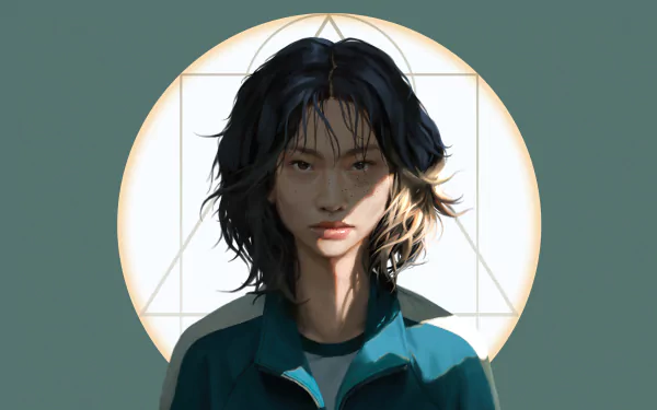 4K Ultra HD PC desktop wallpaper featuring a character from the TV show Squid Game, depicted with dark hair and a serious expression against a geometric background.