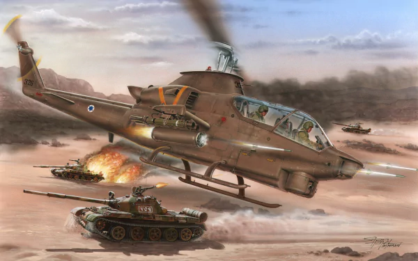 HD PC desktop wallpaper: a Bell AH-1 Cobra attack helicopter strafing across a desert battlefield while tanks engage and explosions erupt in a military combat scene.