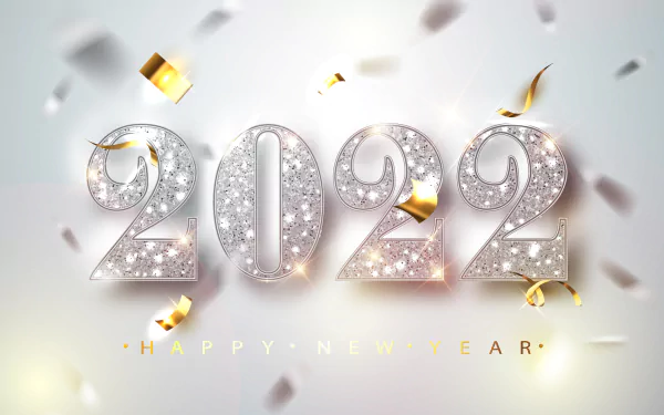 2022 sparkling silver numbers with gold confetti and lights celebrate Happy New Year 2022 in a bright, festive 4K Ultra HD desktop wallpaper background.