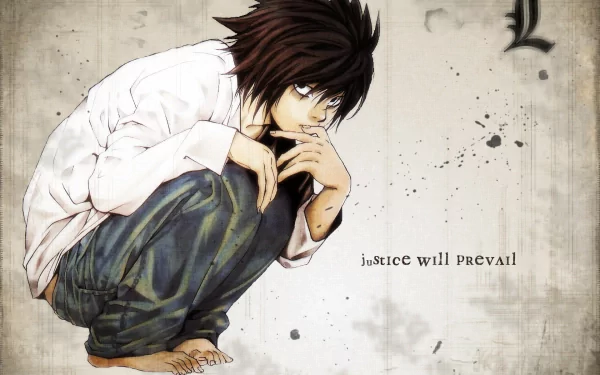 HD desktop wallpaper of L from Death Note, depicting him crouching with a focused expression. The background is light with splatters, and text reads Justice will prevail.