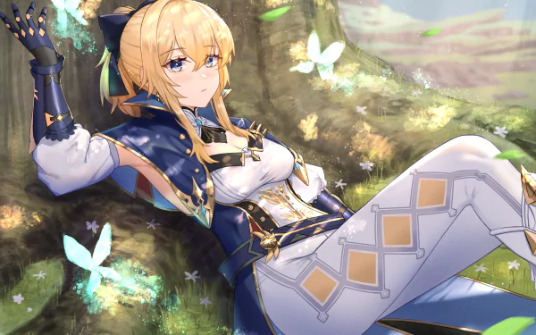 HD PC desktop wallpaper featuring Jean from the video game Genshin Impact, lying on the ground surrounded by glowing butterflies in a serene outdoor setting.