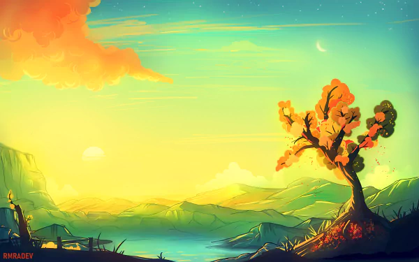 Artistic HD desktop wallpaper of a sunrise scene featuring a lone tree on a hill, set against a backdrop of rolling hills and a vibrant sky.