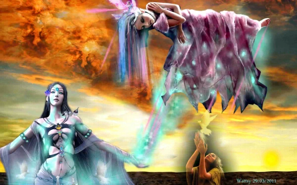 A vibrant 4K Ultra HD fantasy art wallpaper depicting a fiery sky, a mystical dove, and ethereal female figures enveloped in flowing colors and magical energy.