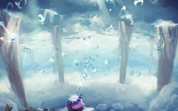 4K Ultra HD PC desktop wallpaper featuring Kirby underwater, surrounded by bubbles and submerged pillars, captured in a serene, video game-inspired scene.
