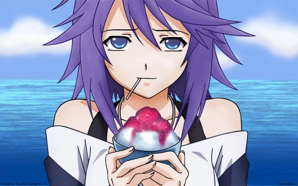 HD anime desktop wallpaper featuring Mizore Shirayuki from Rosario + Vampire holding a bowl of shaved ice with the ocean and sky in the background.