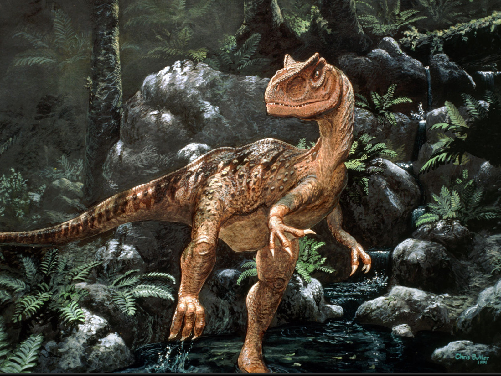 A majestic dinosaur roams in a vibrant natural landscape.