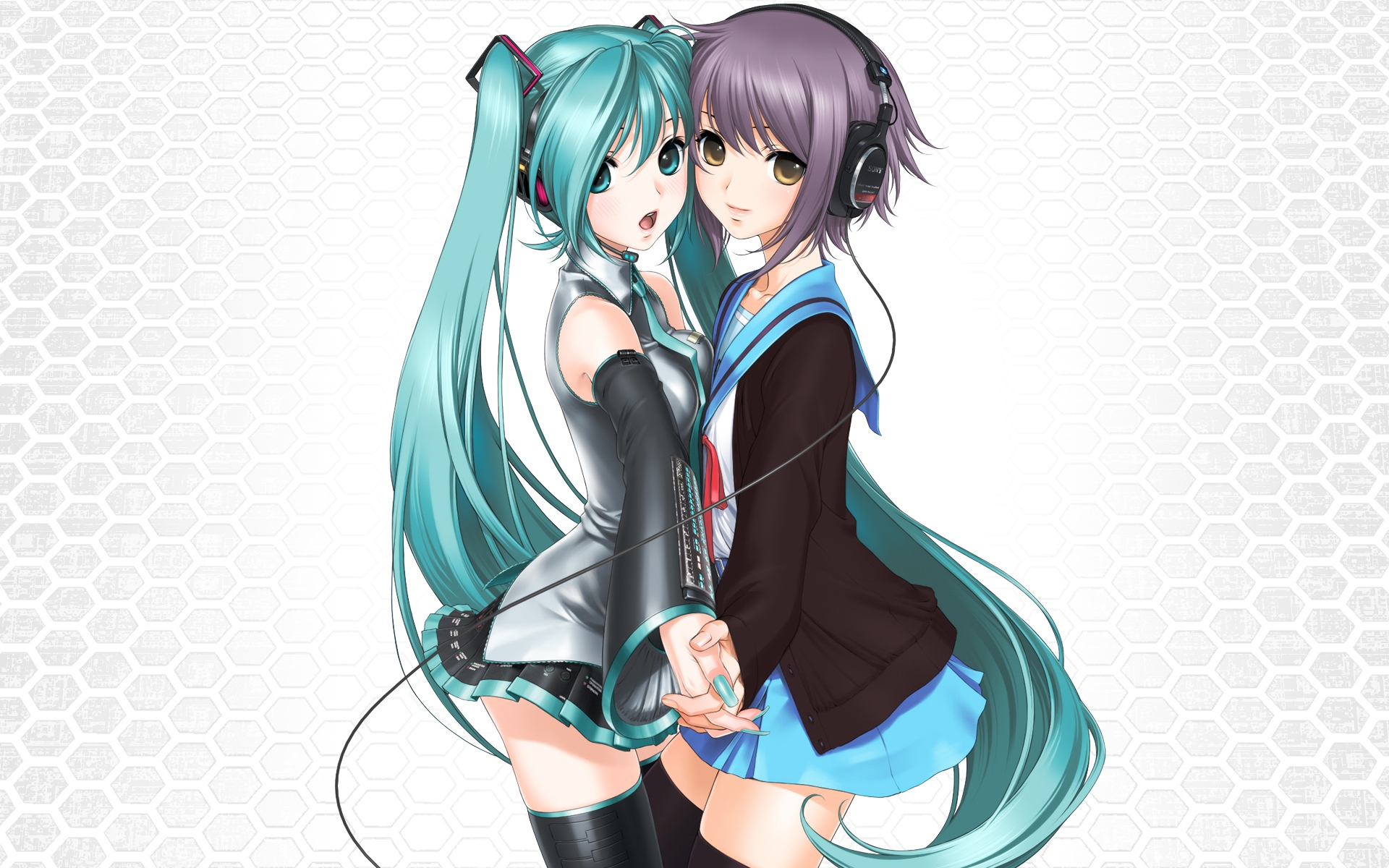Hatsune Miku and Yuki Nagato in a vibrant anime crossover with headphones, depicting a Vocaloid and The Melancholy of Haruhi Suzumiya.