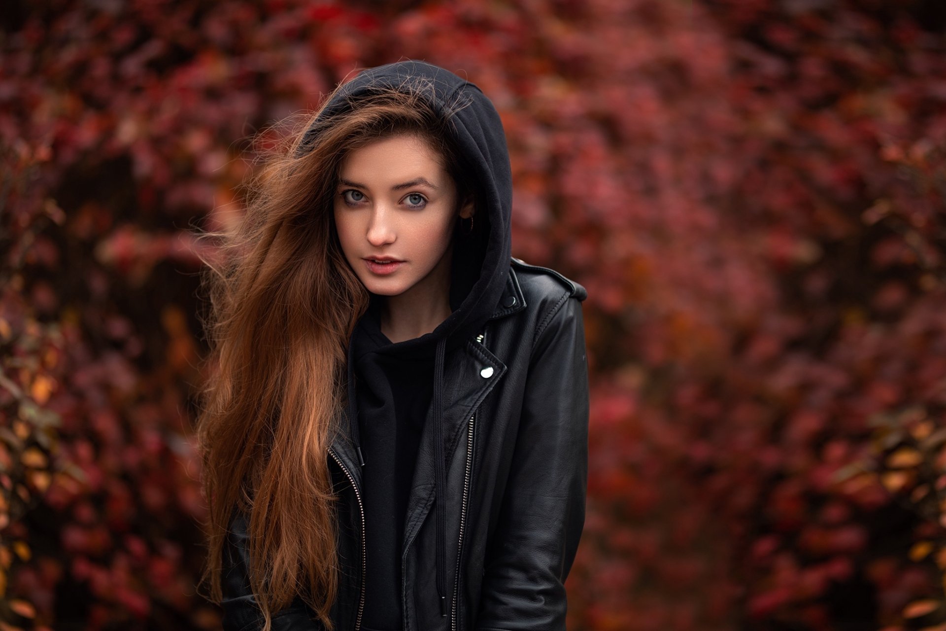 Download Leather Jacket Redhead Long Hair Woman Model HD Wallpaper by Dmitry Sn