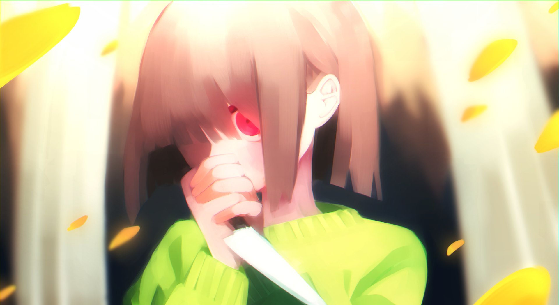HD PC desktop wallpaper of Chara (Undertale) from the video game Undertale, staring with a red eye and holding a knife, green sweater, glowing backlight and falling yellow leaves.
