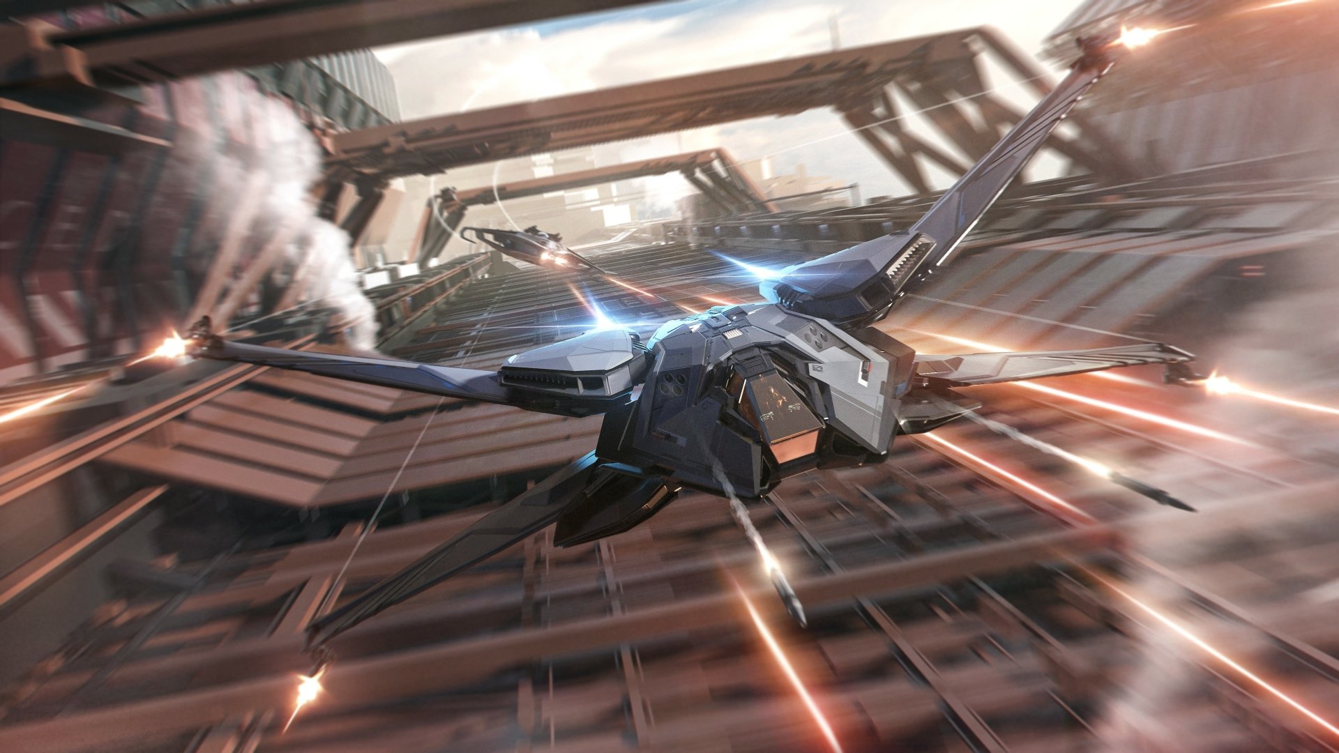 Star Citizen video game scene: a sleek fighter streaks through a futuristic docking bay, motion blur and tracer fire — 4K Ultra HD PC desktop wallpaper background.