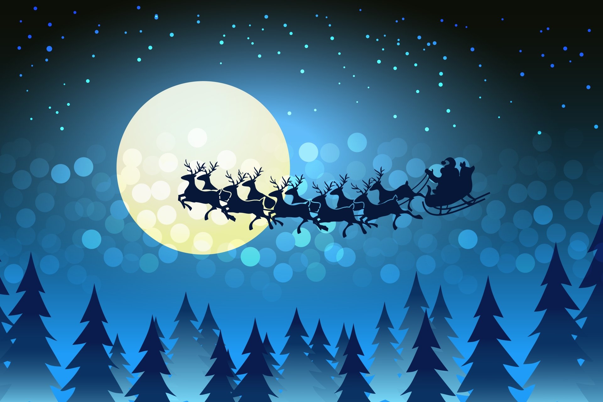 5K Ultra HD PC desktop wallpaper and background of Santa's sleigh and reindeer silhouetted against a full moon with bokeh lights above a pine forest — holiday Christmas scene.