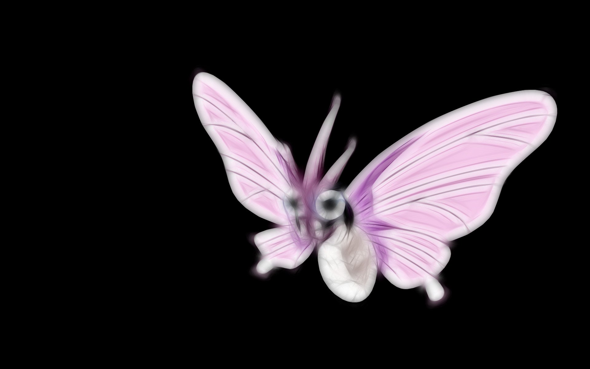 HD PC desktop wallpaper of anime-style bug-type Pokémon Venomoth with large pink wings hovering against a black background.