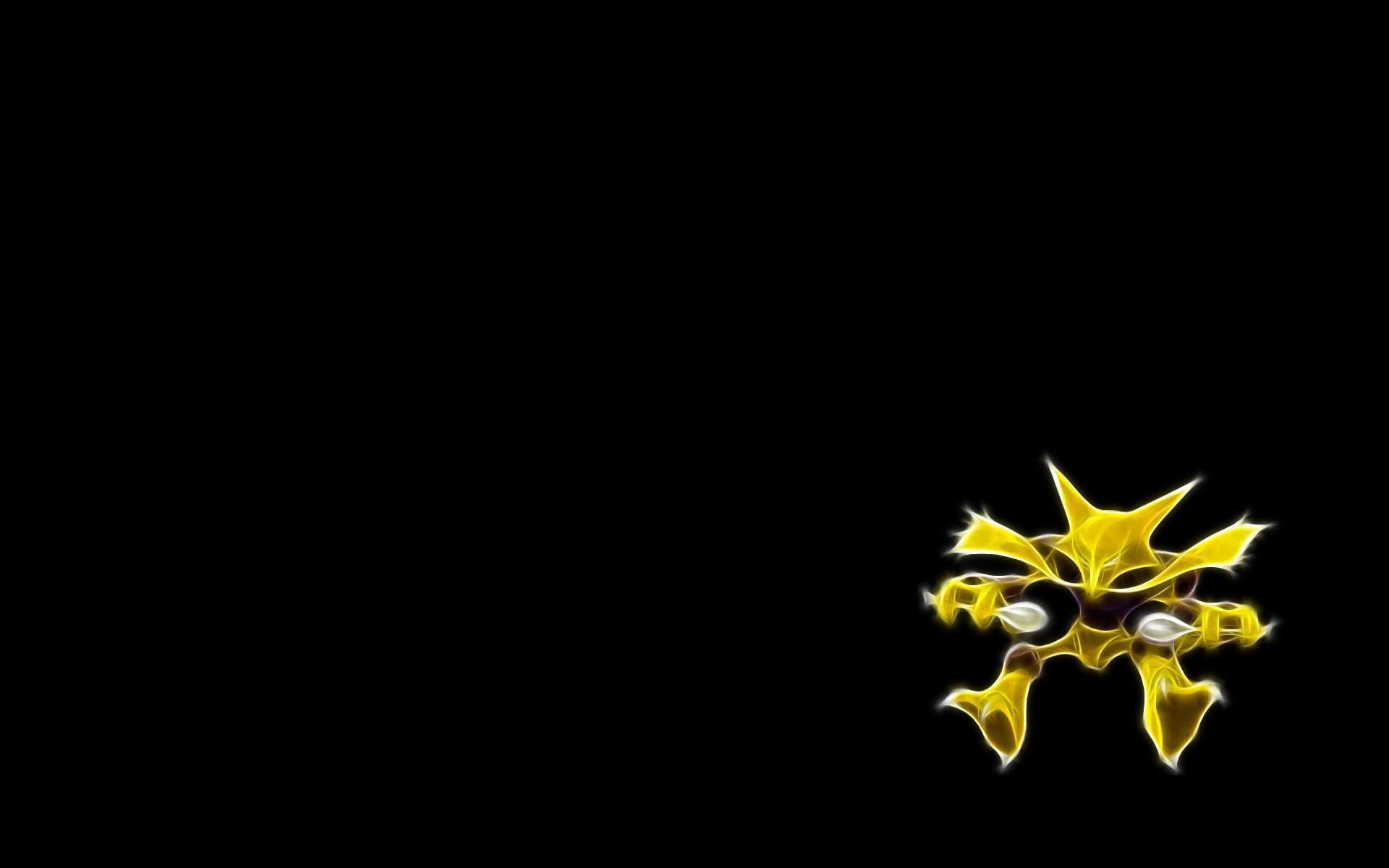 HD PC desktop wallpaper of glowing yellow Alakazam, the psychic Pokémon, floating on a black background in anime-style art.