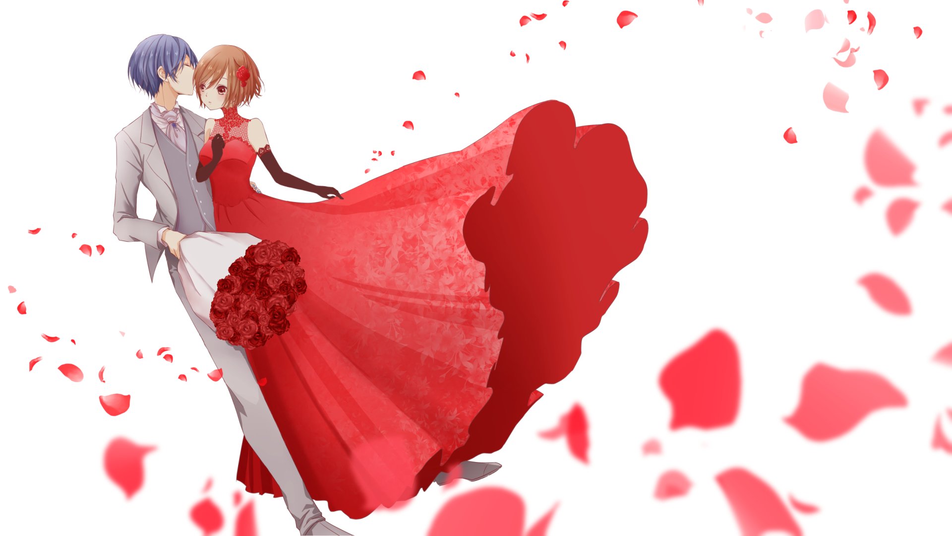 Meiko (Vocaloid) and Kaito (Vocaloid) anime 2K Quad HD PC desktop wallpaper: Meiko in a flowing red gown and Kaito in a gray suit dancing amid scattered rose petals.
