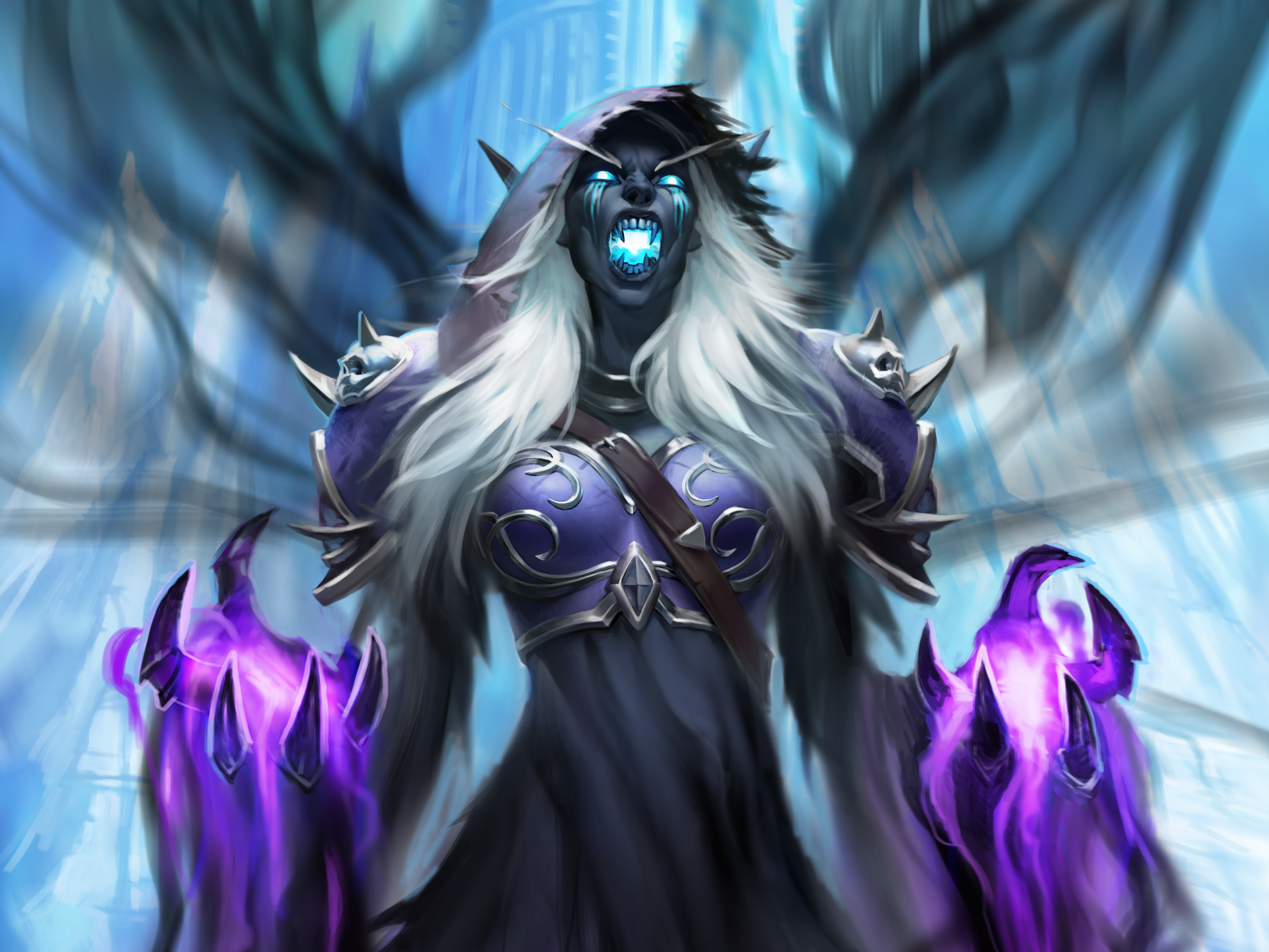 Hearthstone: Heroes of Warcraft 5K UHD desktop wallpaper — spectral lich woman with glowing blue eyes and purple energy-clawed hands against an icy blue background.