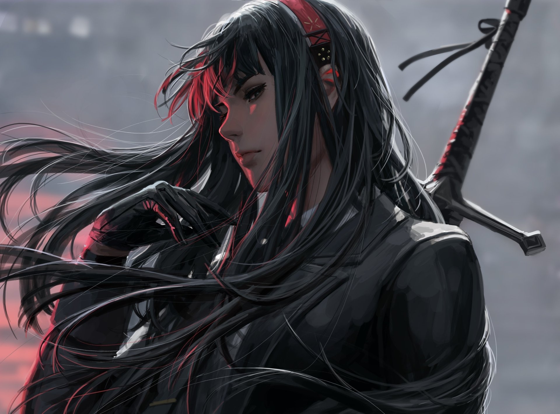 4K Ultra HD PC desktop wallpaper: a dark-haired female fantasy warrior in black armor, long hair blowing, hand near her face, a sword slung over her shoulder against a moody gray sky.