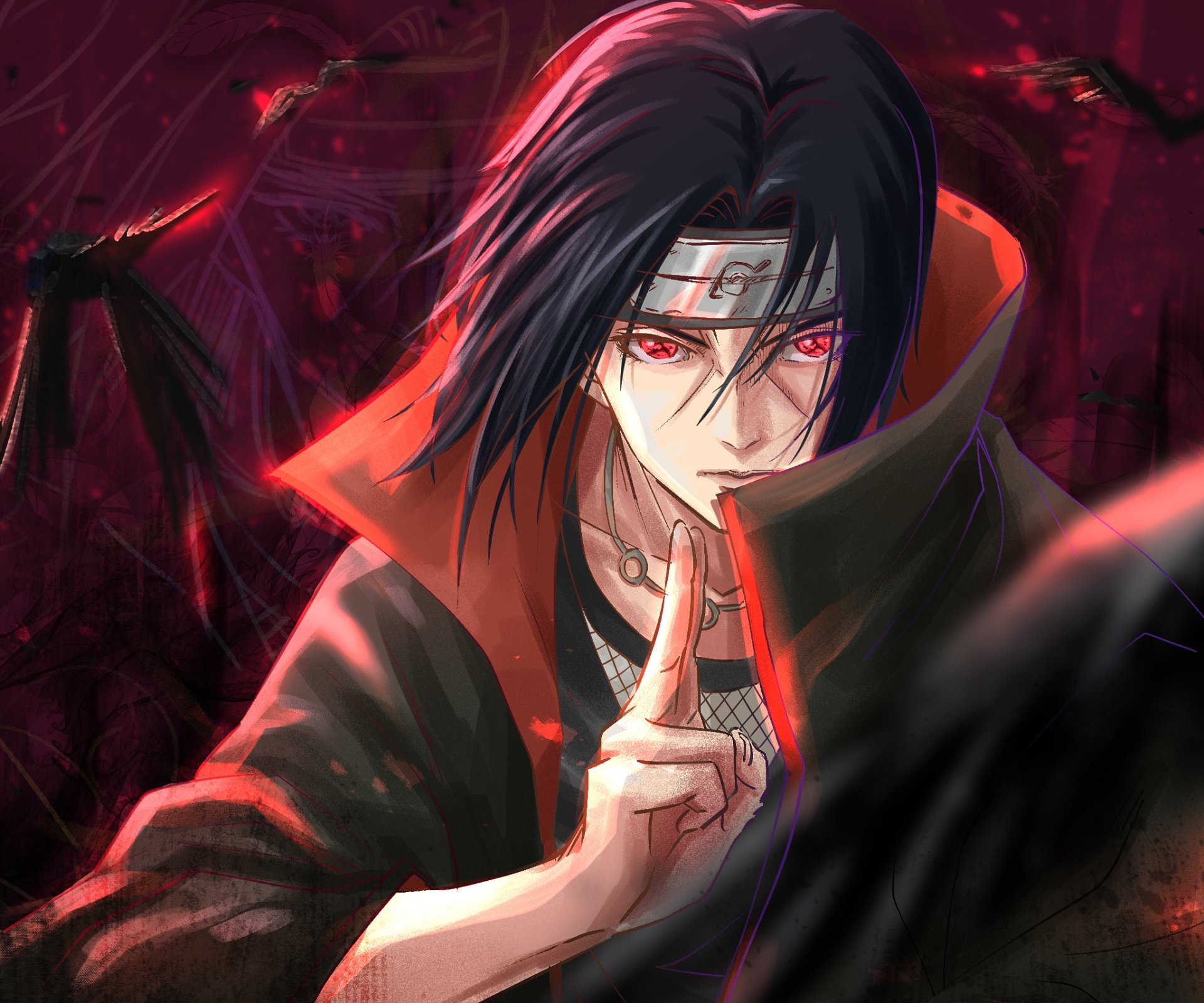 HD PC desktop wallpaper featuring Itachi Uchiha from the anime Naruto, depicted with intense red eyes and a dark, dramatic background.