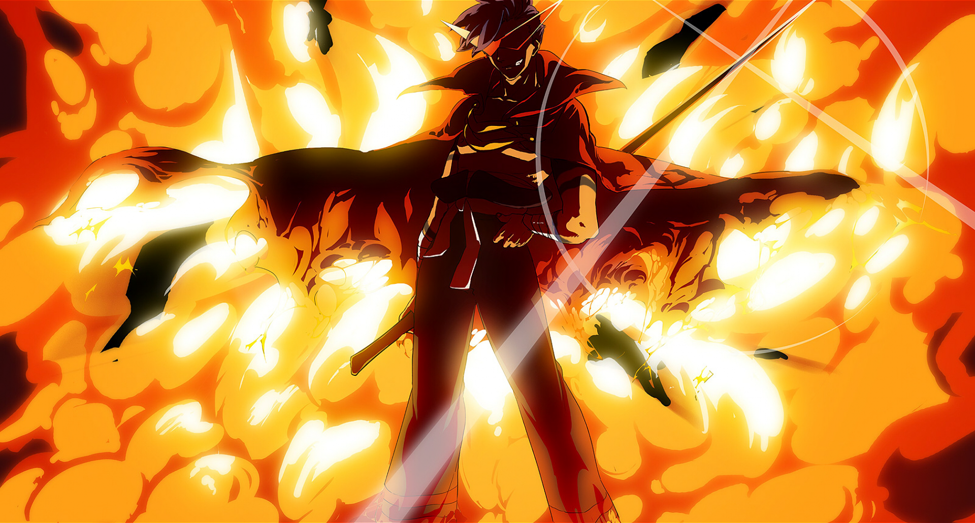 HD anime desktop wallpaper featuring a bold silhouette from Tengen Toppa Gurren Lagann, set against a vibrant, fiery orange background.