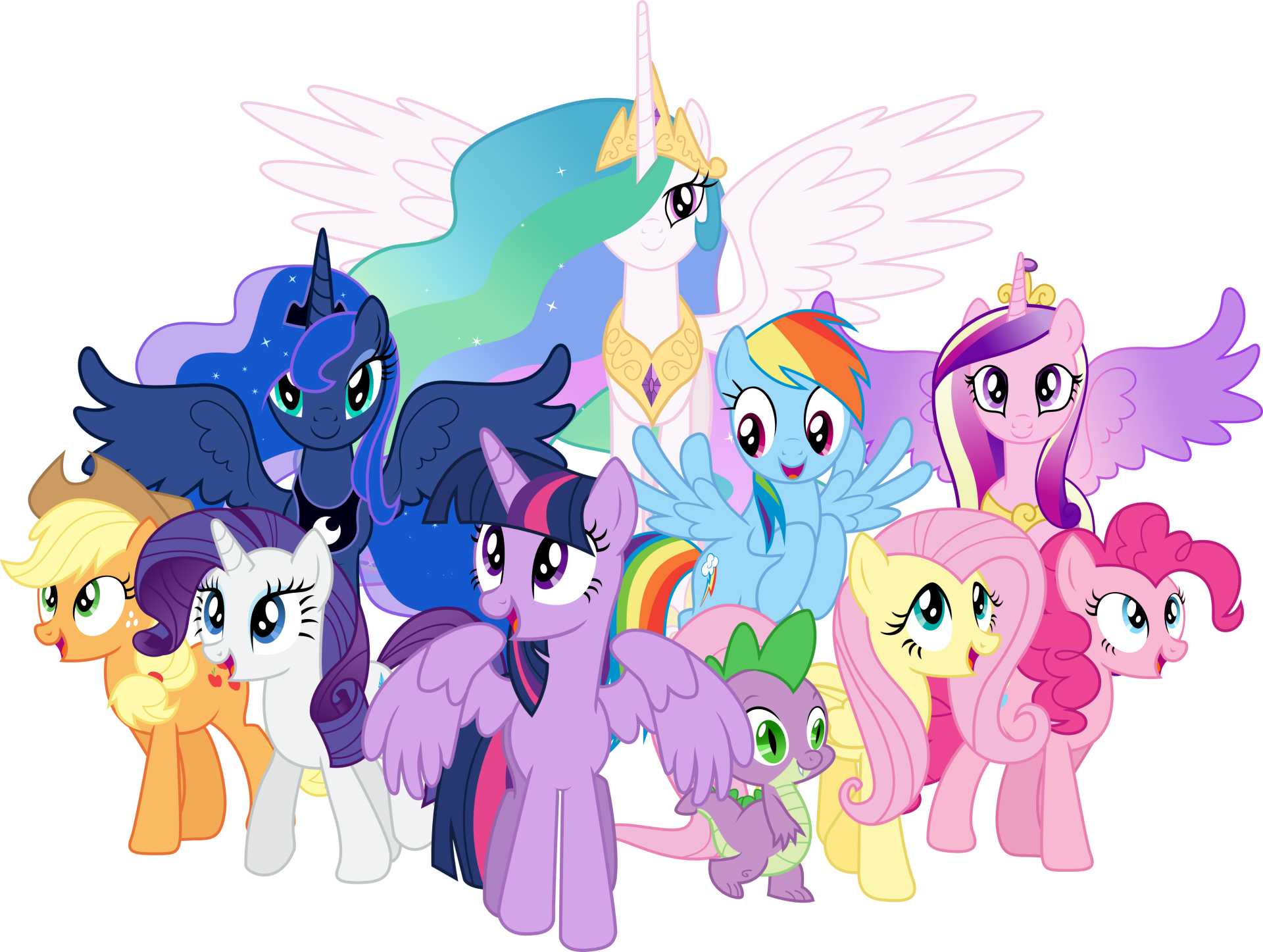 4K Ultra HD wallpaper featuring Princess Cadance, Princess Luna, Princess Celestia, Rainbow Dash, Applejack, Pinkie Pie, Fluttershy, Rarity, Spike, and Twilight Sparkle from My Little Pony: Friendship Is Magic.