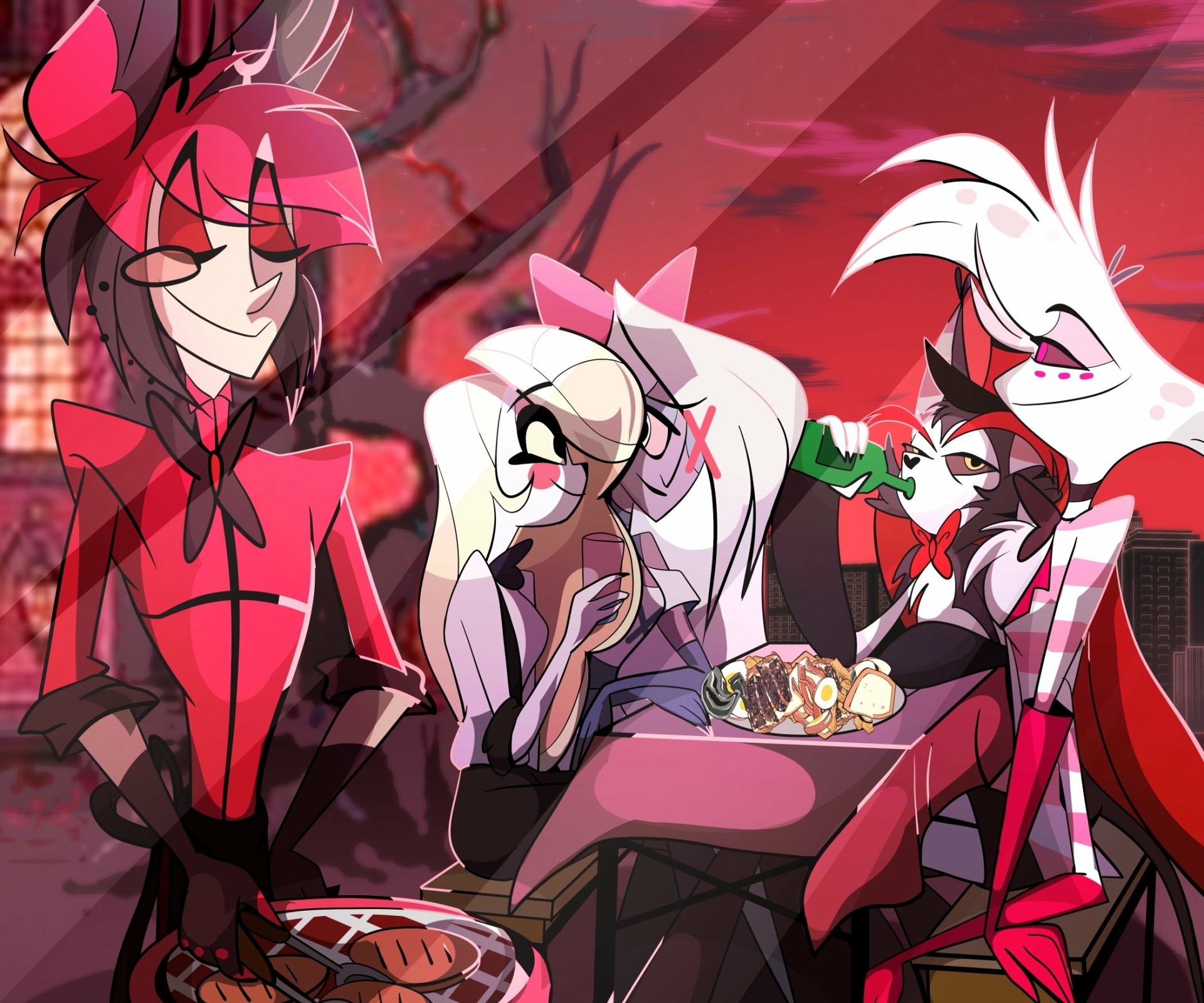 HD desktop wallpaper featuring Vaggie, Husk, Charlie Morningstar, Angel Dust, and Alastor from the TV show Hazbin Hotel in a vibrant, stylized group scene.