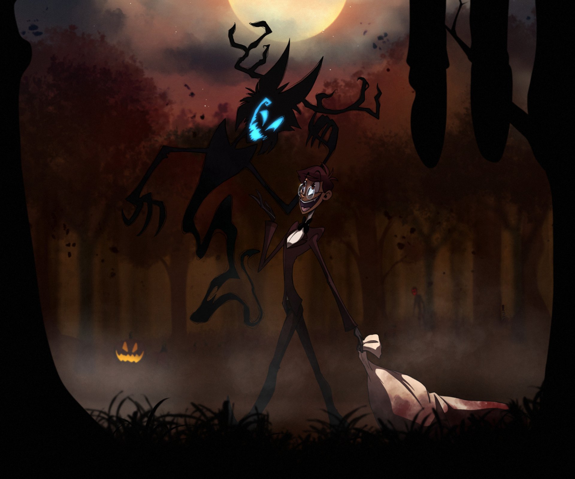 HD PC desktop wallpaper featuring Alastor from the TV show Hazbin Hotel in a dark, eerie forest setting with haunting shadows and a glowing jack-o'-lantern.