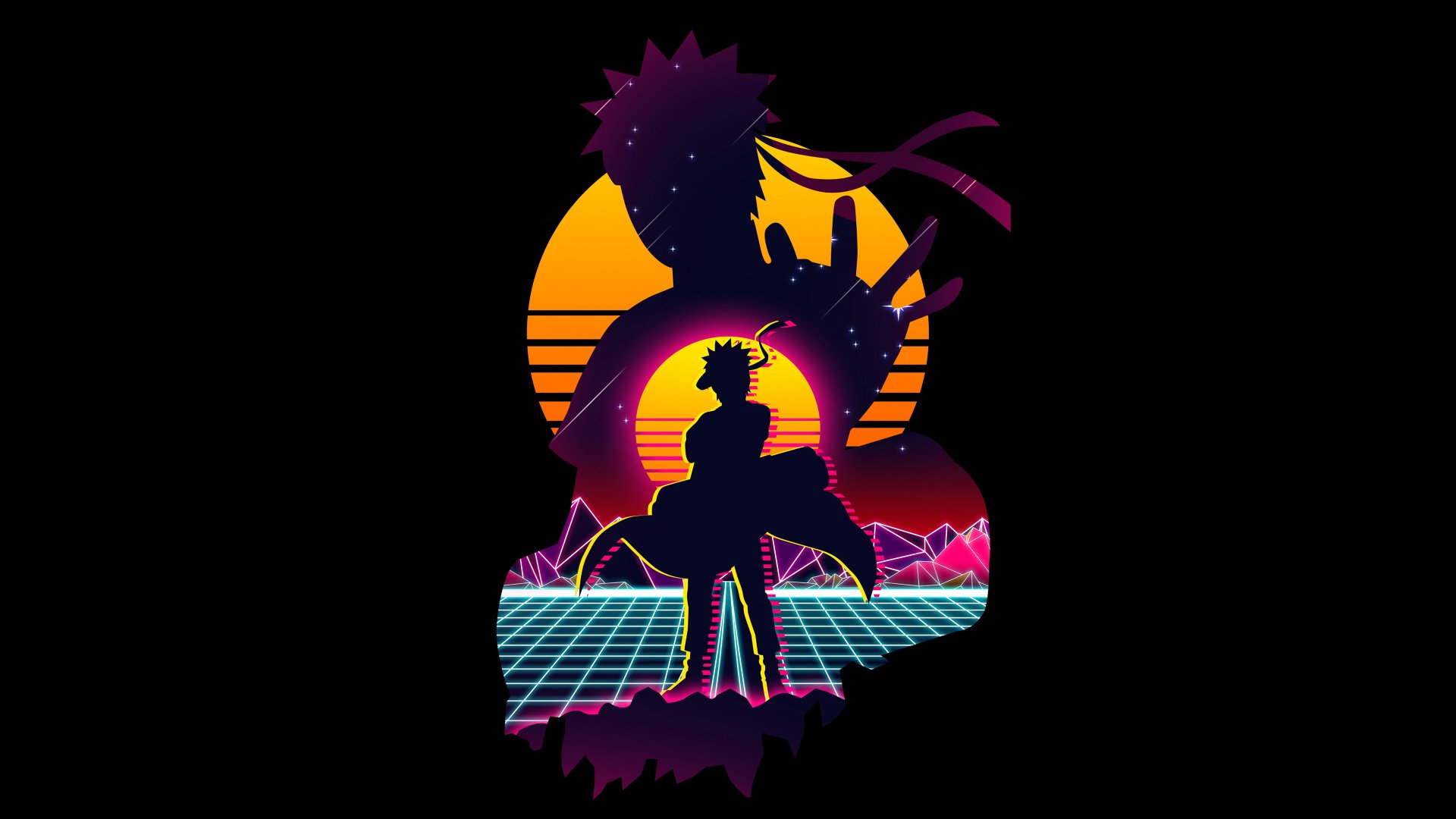 4K Ultra HD PC desktop wallpaper featuring a vibrant silhouette of Naruto Uzumaki from the anime Naruto, set against a retro sunset and grid background.