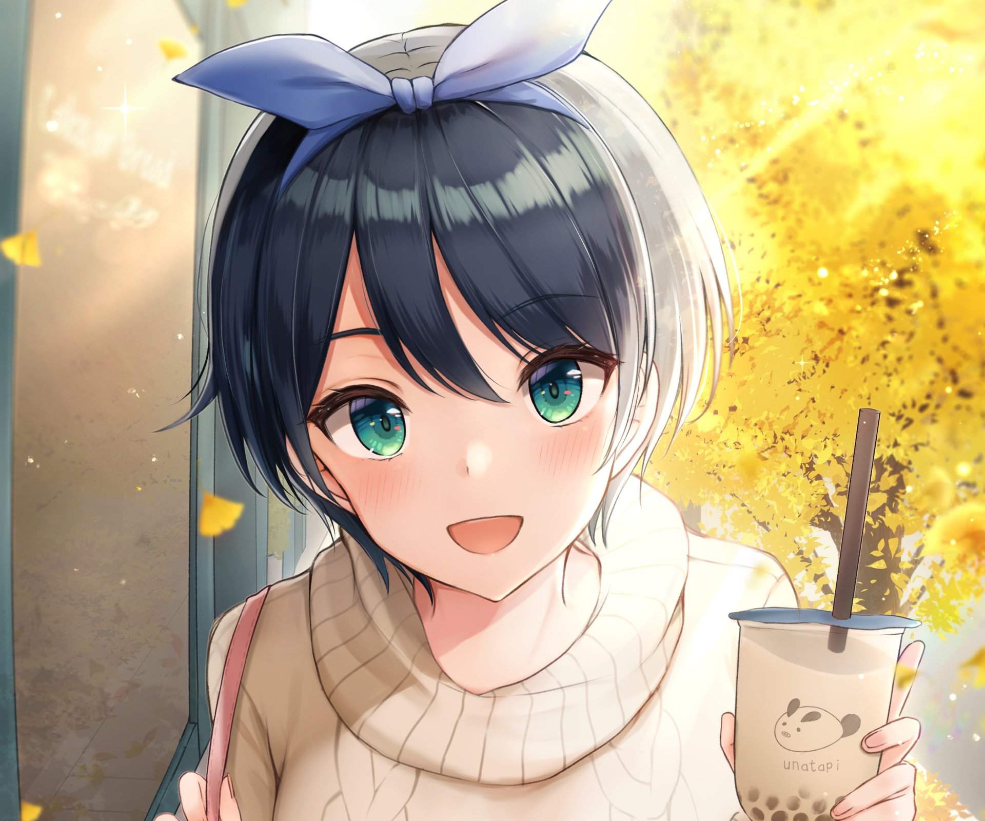 HD PC desktop wallpaper featuring Ruka Sarashina from the anime Rent-A-Girlfriend, smiling brightly with autumn leaves and a drink in hand.