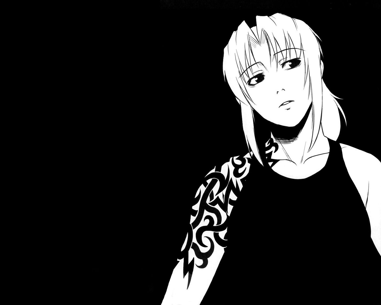 Black Lagoon anime HD PC wallpaper featuring a monochrome portrait of a character with a detailed tribal tattoo on their arm against a black background.