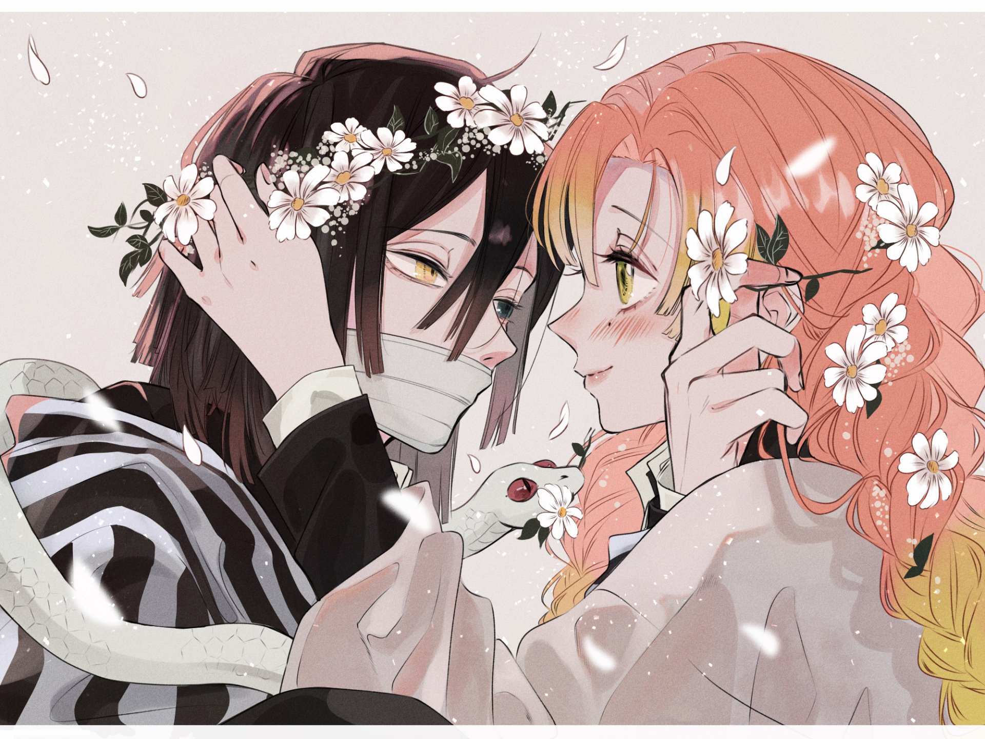 HD anime desktop wallpaper featuring Mitsuri Kanroji and Obanai Iguro from Demon Slayer: Kimetsu no Yaiba, surrounded by delicate white flowers.