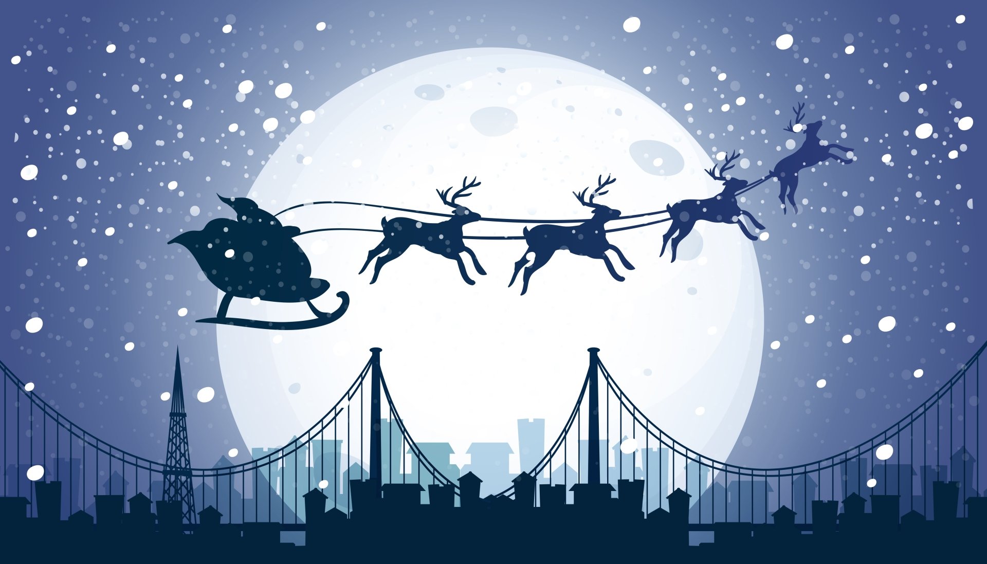 Santa's sleigh and reindeer silhouetted against a full moon over a snowy city skyline and bridge — 5K Ultra HD PC Desktop Wallpaper Background.