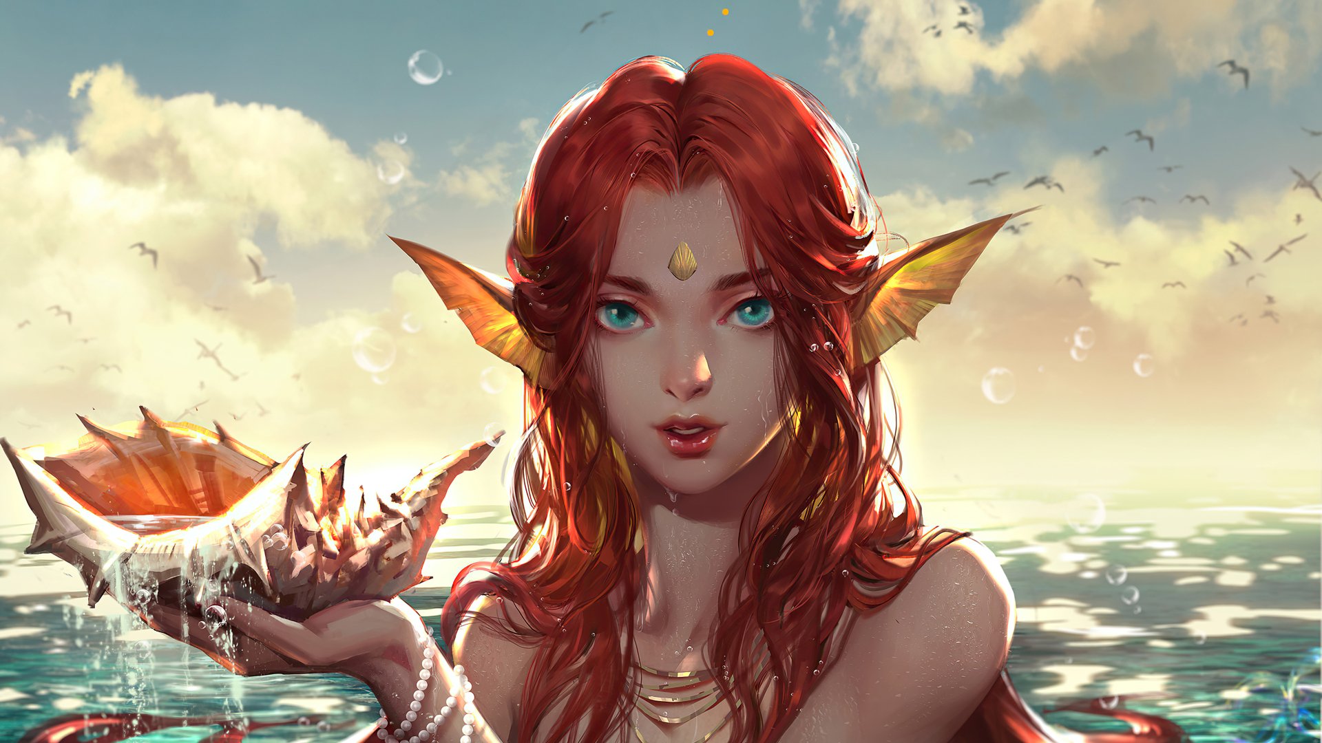 Red-haired fantasy mermaid with golden fins and teal eyes emerging from the sea, holding a shell — vivid 4K Ultra HD PC desktop wallpaper background.
