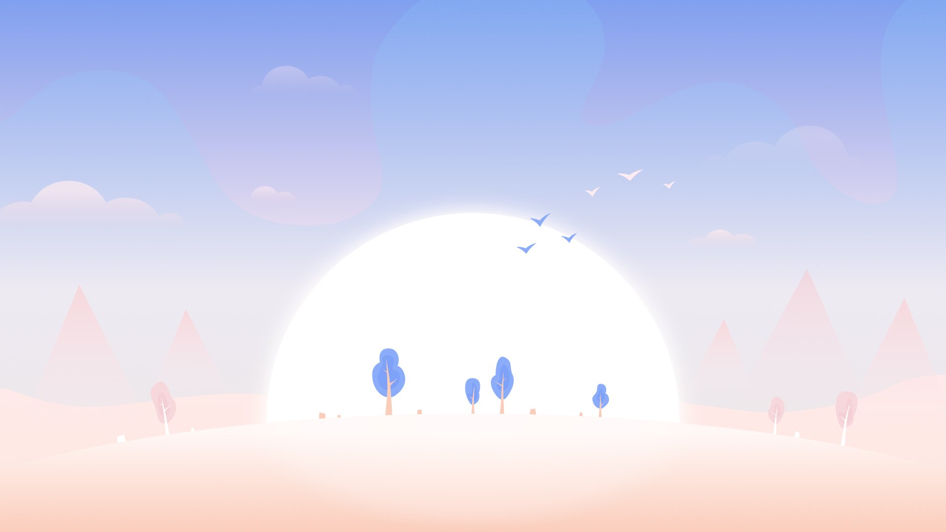 Minimalist artistic landscape featuring a large glowing sun, blue trees, and birds against a soft pastel sky, rendered in 4K Ultra HD for PC desktop wallpaper.