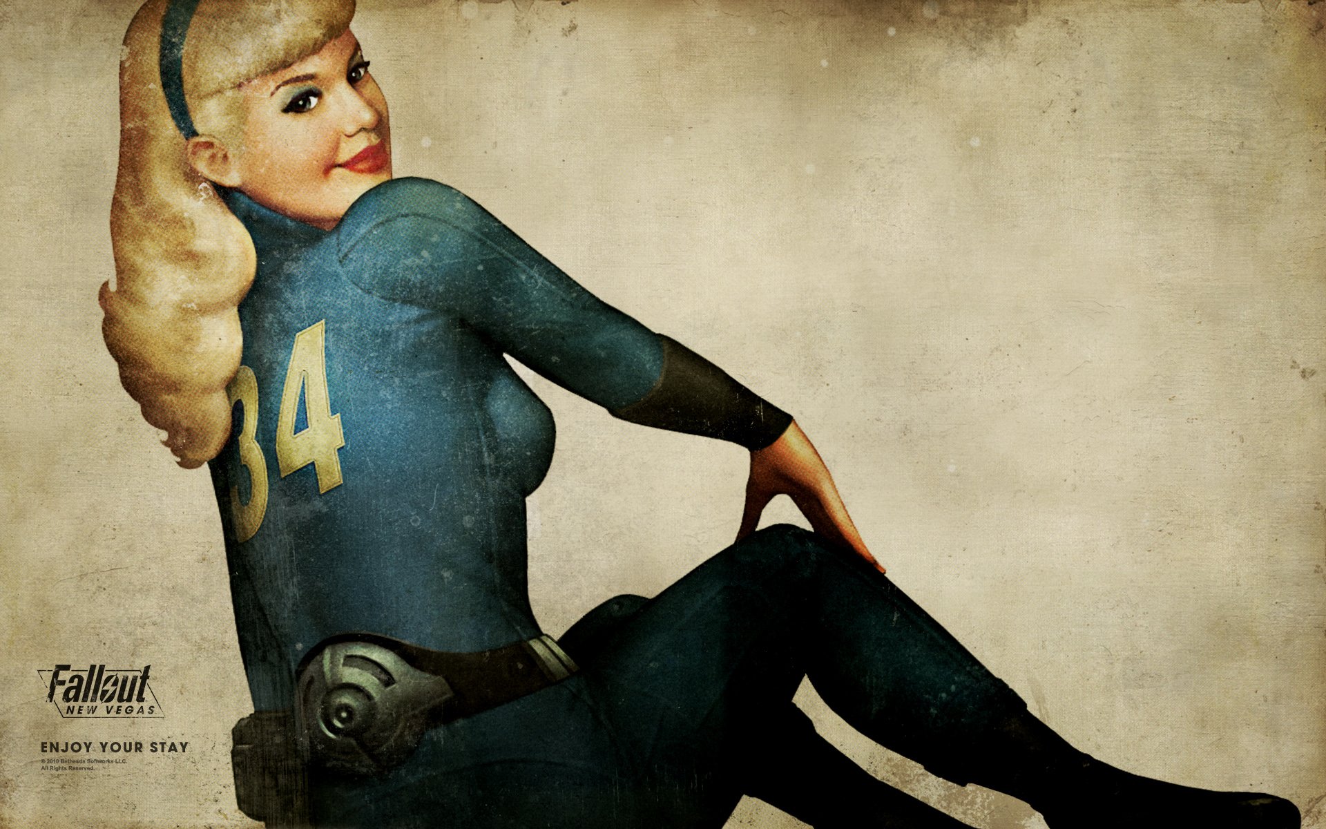 A vintage-style HD desktop wallpaper featuring a smiling woman in a blue Vault 34 jumpsuit, inspired by the Fallout video game series.