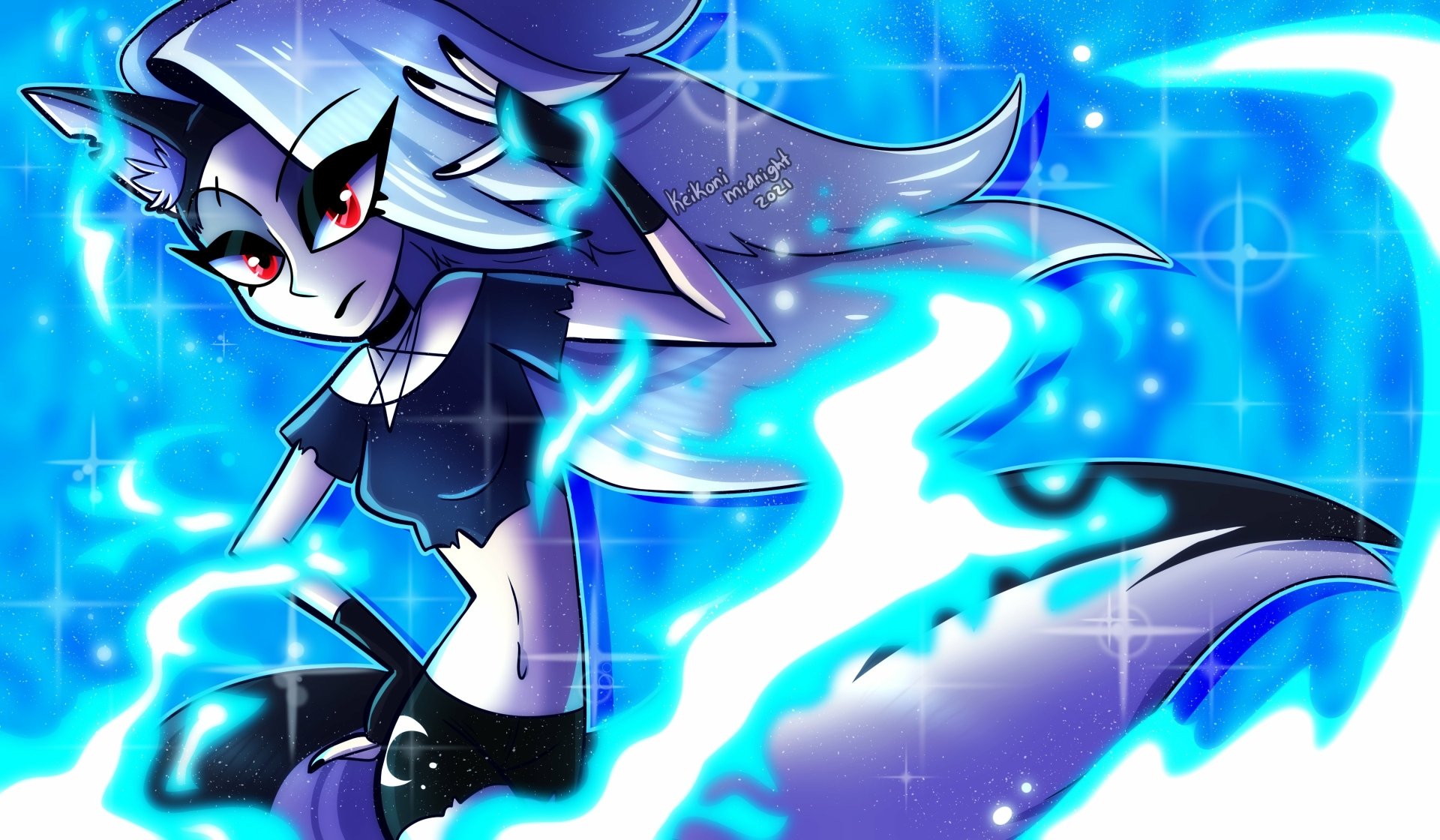 Vibrant 4K Ultra HD desktop wallpaper featuring Loona from the TV show Helluva Boss, showcasing her dynamic pose and electric blue energy effects.