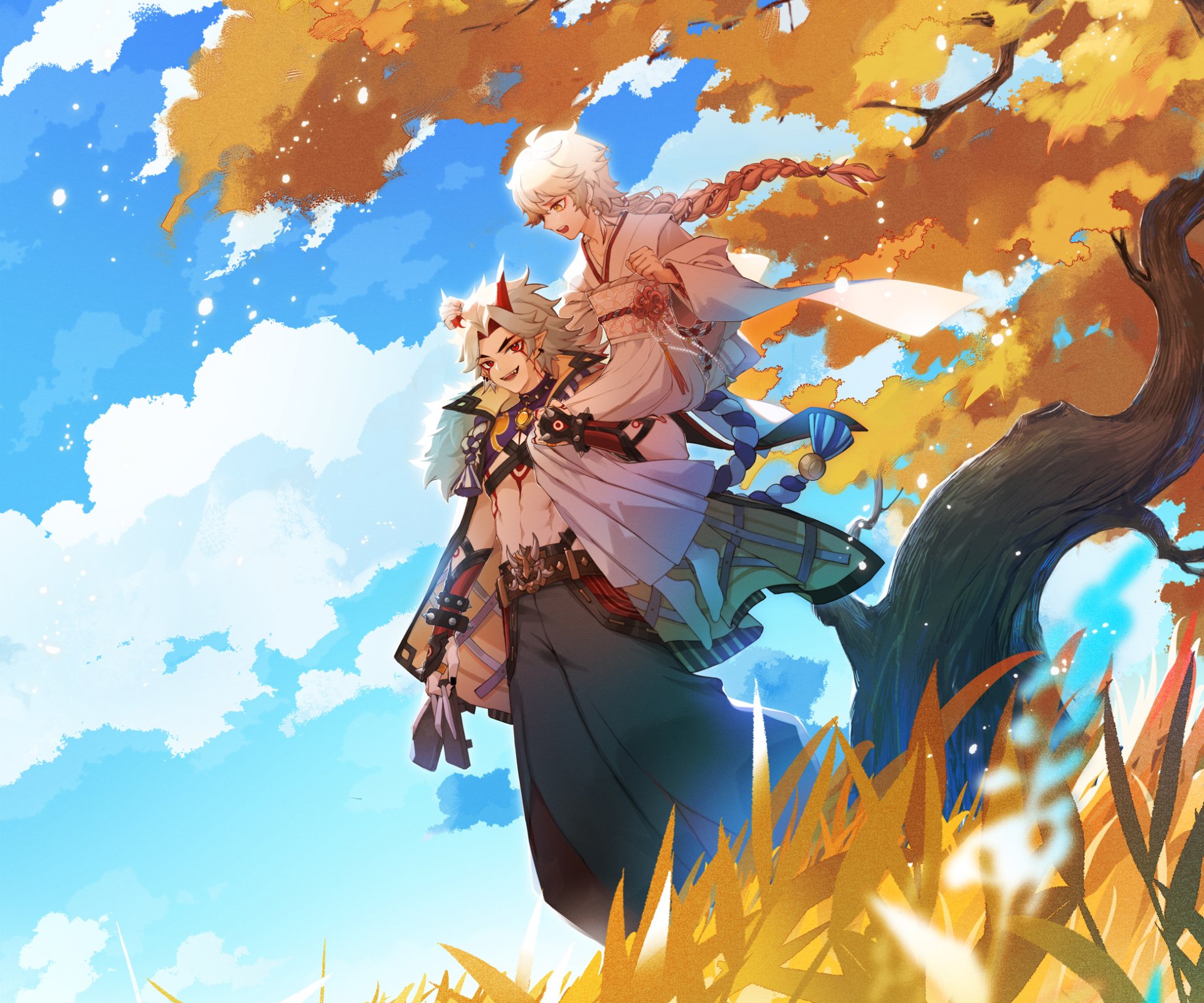 HD PC desktop wallpaper featuring Arataki Itto and Aether from the video game Genshin Impact against a vibrant sky with autumn leaves and a large tree.