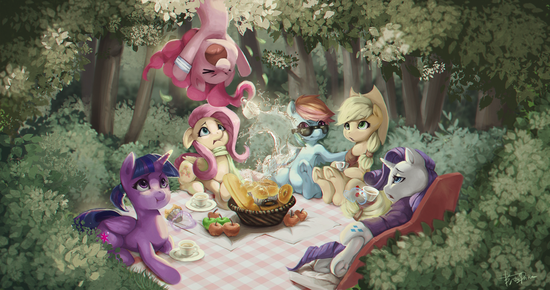 My Little Pony: Friendship Is Magic characters—Twilight Sparkle, Pinkie Pie, Fluttershy, Rainbow Dash, Applejack, Rarity—enjoy a picnic in a lush forest, 4K Ultra HD desktop wallpaper.