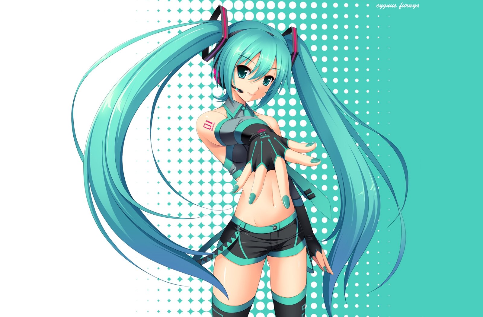 HD desktop wallpaper of Hatsune Miku, a character from the Vocaloid anime series, featuring her with turquoise twin-tails and futuristic attire against a vibrant background.
