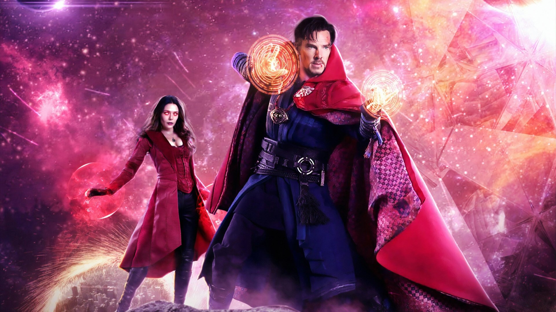 4K Ultra HD wallpaper featuring Elizabeth Olsen as Wanda Maximoff and Benedict Cumberbatch as Doctor Strange from Doctor Strange in the Multiverse of Madness.