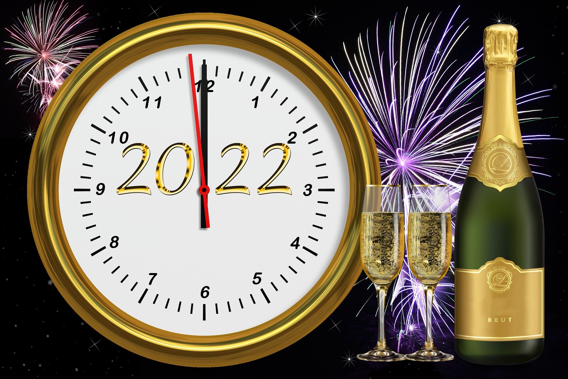Holiday New Year 2022 HD PC desktop wallpaper showing a gold clock striking midnight, colorful fireworks, and a champagne bottle with two filled flutes.