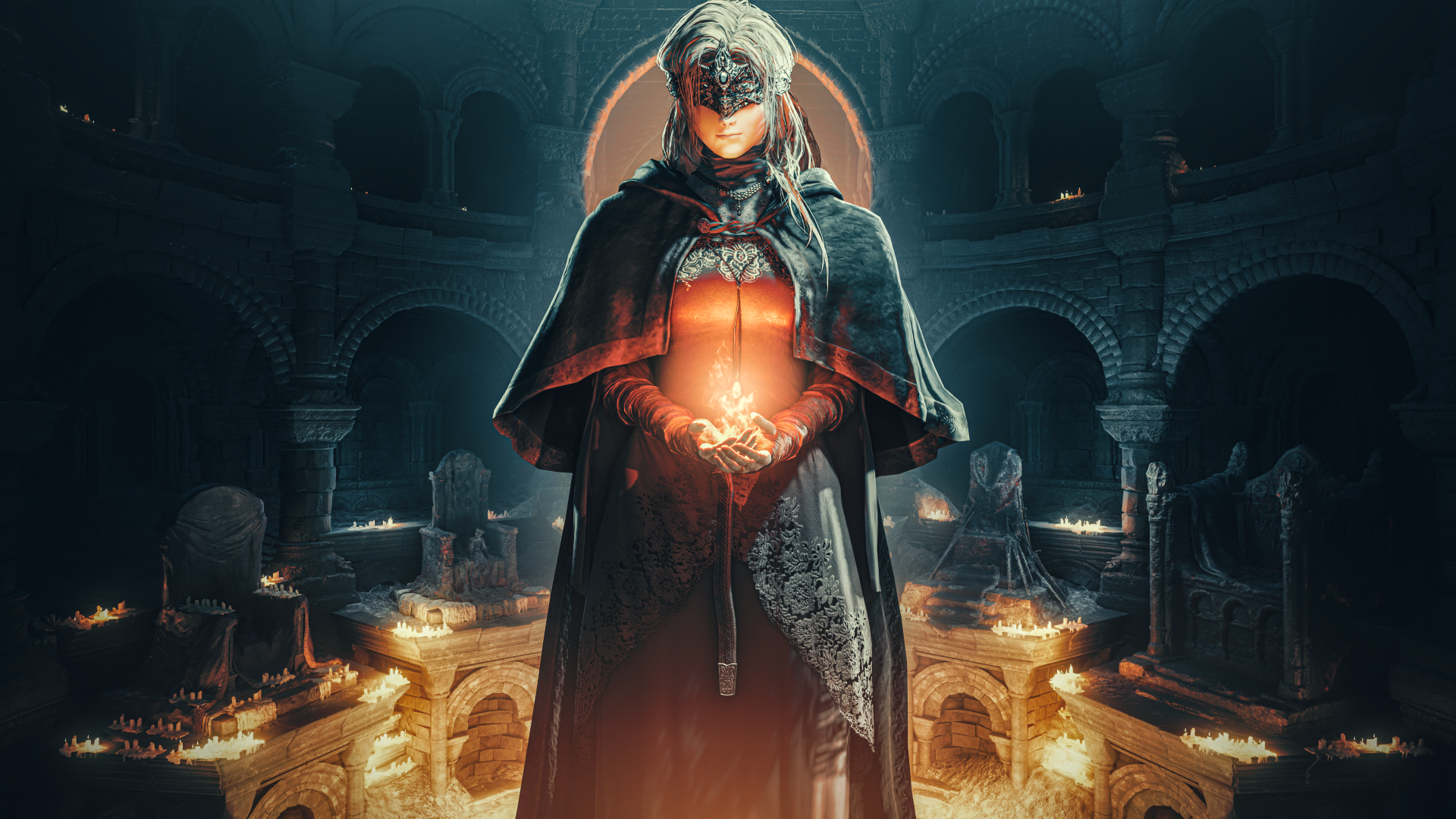 Dark Souls III 5K Ultra HD PC desktop wallpaper: hooded Fire Keeper in a dark cloak cradles a glowing ember in a candlelit gothic hall, warm light contrasting cold stone.