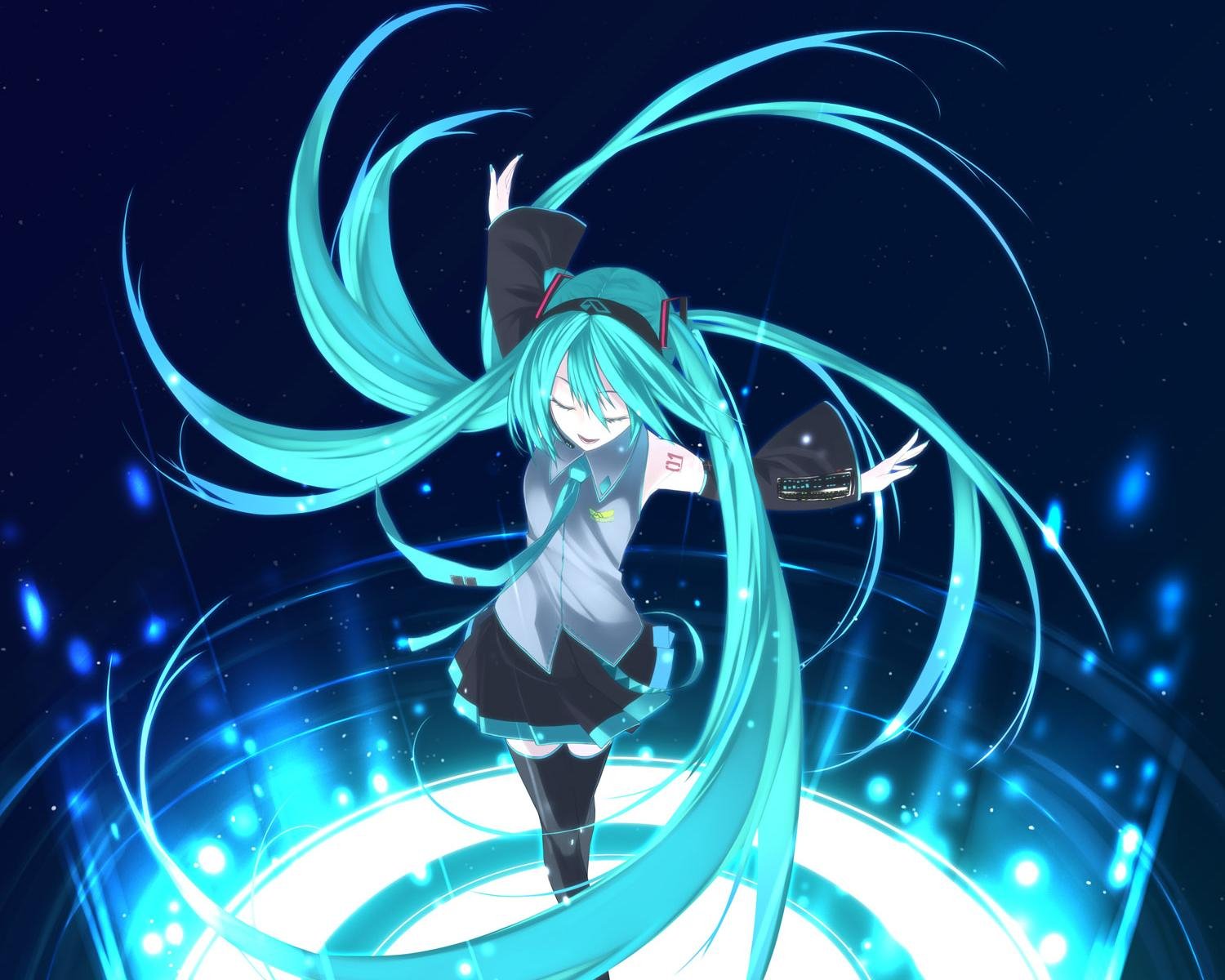 A vibrant HD wallpaper featuring Hatsune Miku, the popular Vocaloid character, showcasing her iconic turquoise hair and dynamic pose against a glowing background.