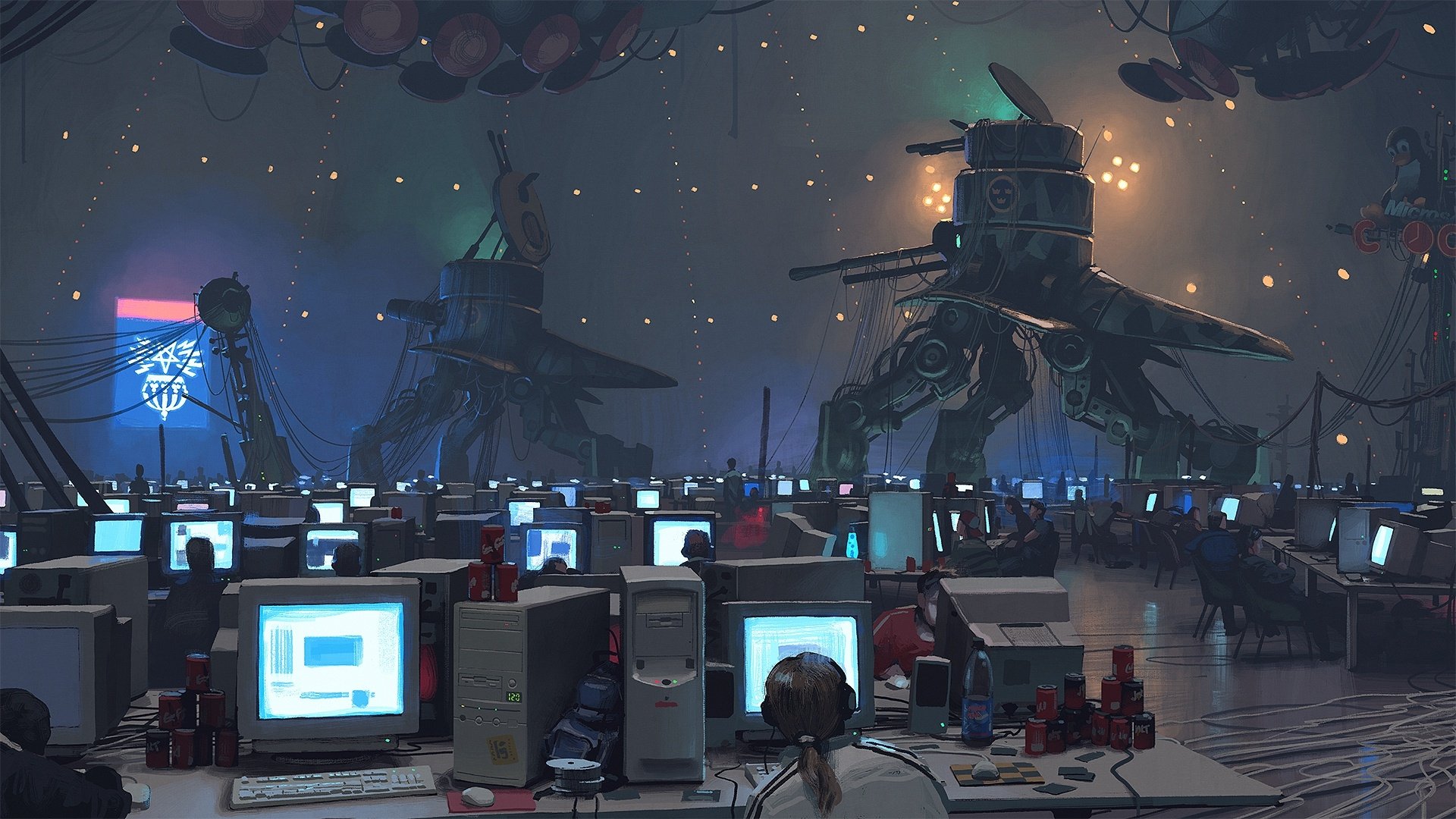 HD PC desktop wallpaper and background: a sci-fi hacker hub of rows of computers and glowing monitors beneath towering patrol robots.