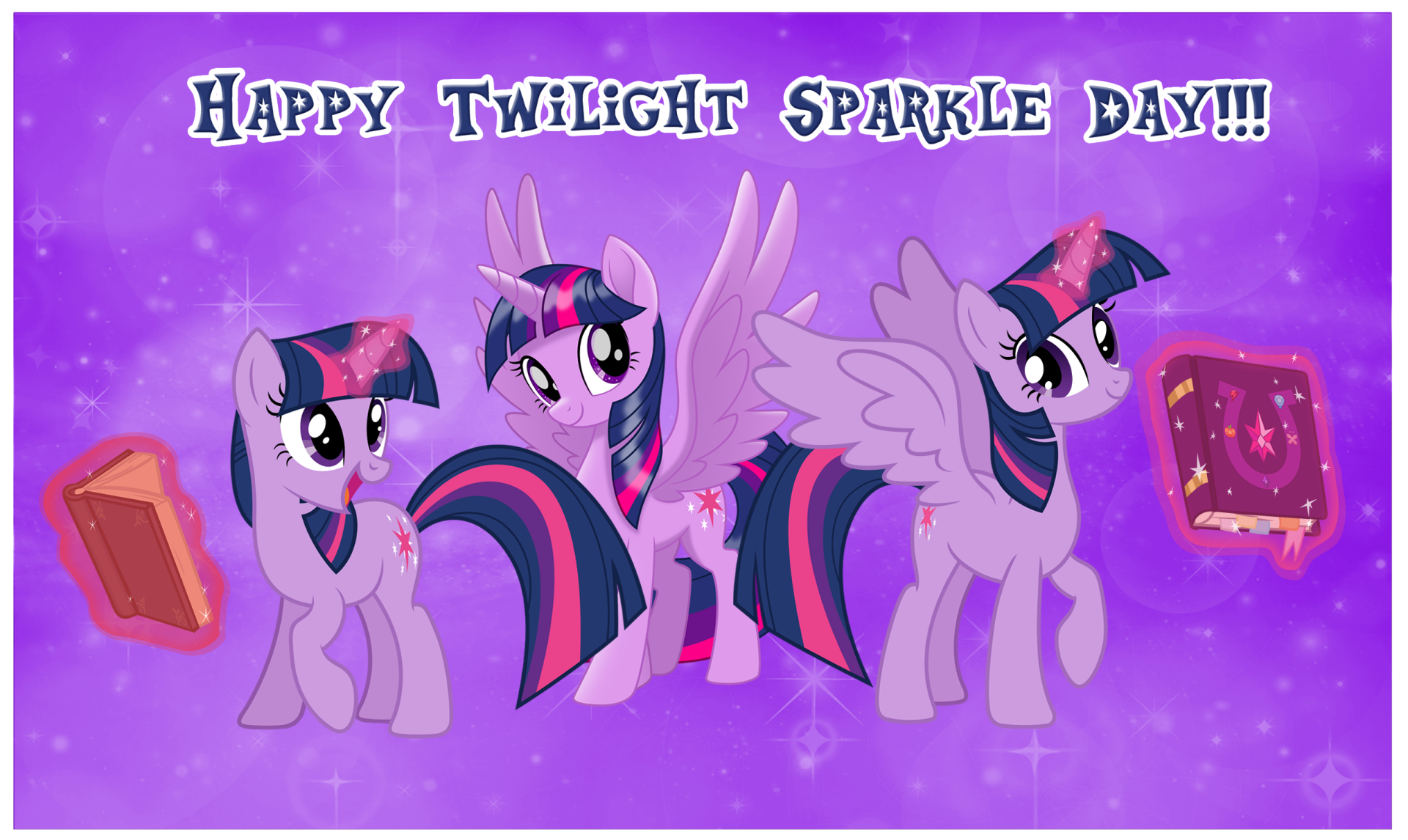 HD PC wallpaper of Twilight Sparkle from the TV show My Little Pony: Friendship Is Magic. Three poses on a purple sparkly background with floating books and Happy Twilight Sparkle Day!!! banner.