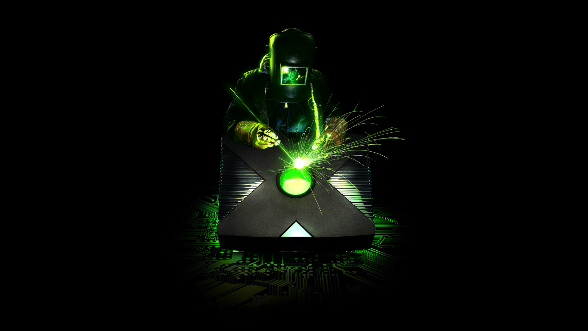 HD Xbox-themed wallpaper featuring a silhouette of a futuristic soldier with glowing green effects on a dark background.