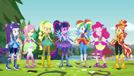 Sunset Shimmer Rarity (My Little Pony) Fluttershy (My Little Pony) Pinkie Pie Rainbow Dash Applejack (My Little Pony) Sci-Twi (My Little Pony) movie My Little Pony: Equestria Girls - Legend of Everfree HD Desktop Wallpaper | Background Image