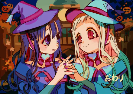 Aoi Akane and Yashiro Nene from Toilet-bound Hanako-kun in vibrant witch outfits, holding hands against a Halloween-themed 4K Ultra HD anime desktop wallpaper background.