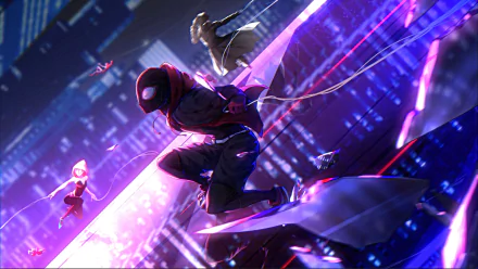HD desktop wallpaper featuring Spider-Man, Spider-Man Noir, Spider-Gwen, and Miles Morales from the movie Spider-Man: Into The Spider-Verse in a vibrant cityscape.
