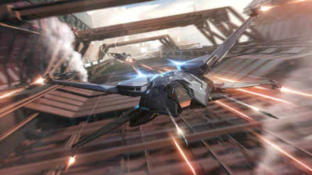 Star Citizen video game scene: a sleek fighter streaks through a futuristic docking bay, motion blur and tracer fire — 4K Ultra HD PC desktop wallpaper background.